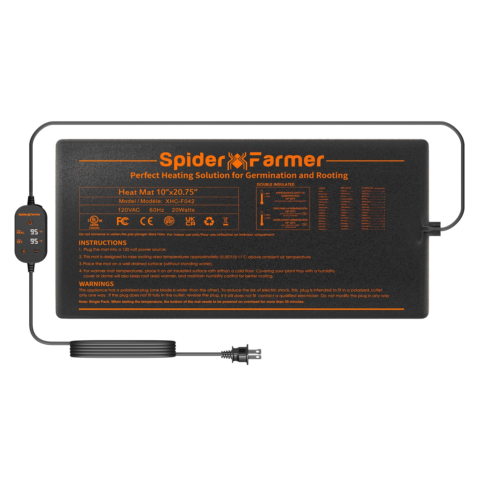 Spider Farmer Seedling Heat Mat 10x20.75 top view warms roots for faster germination.