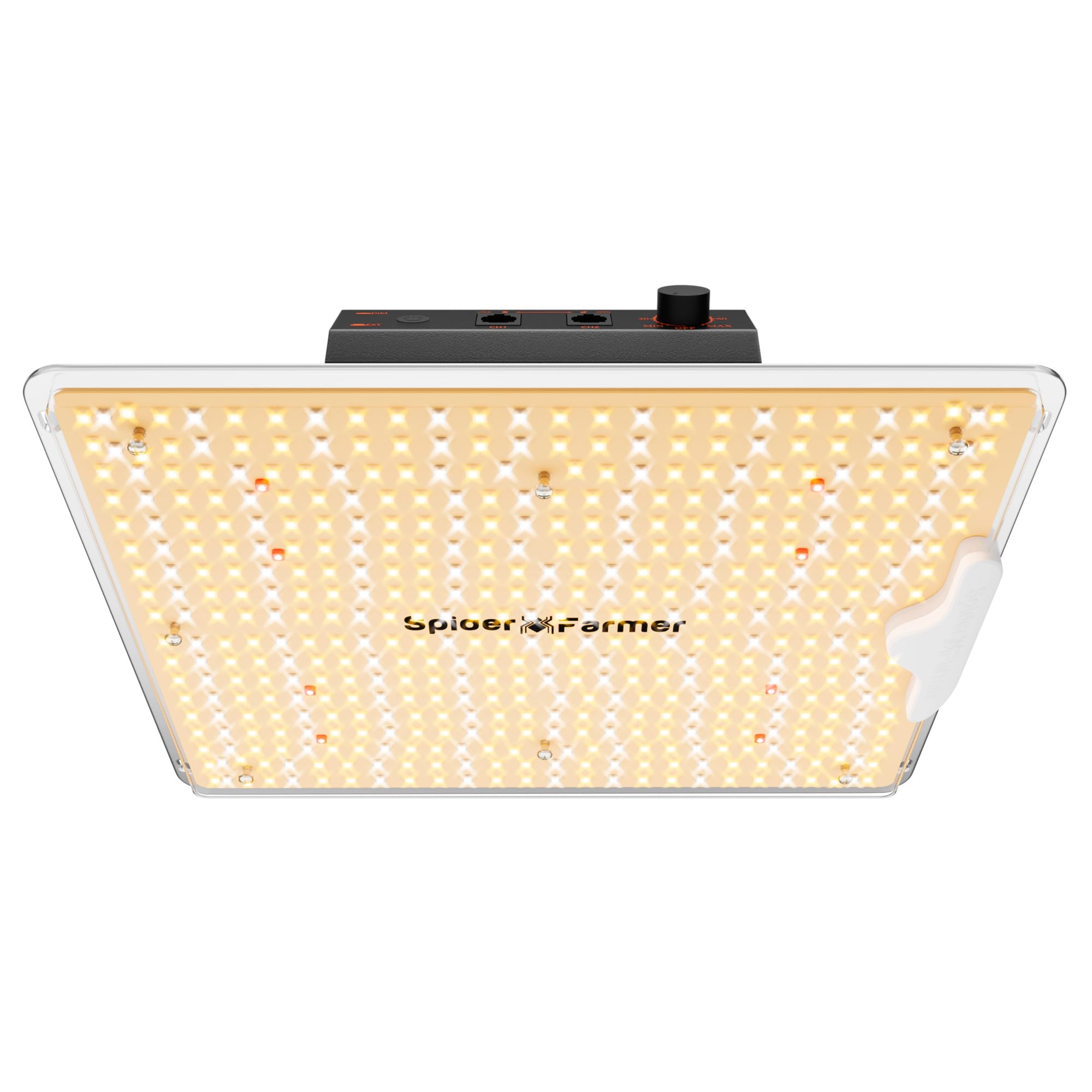 Spider Farmer SF1000D overhead lighting in a compact veg area offers quiet, energy-efficient illumination.