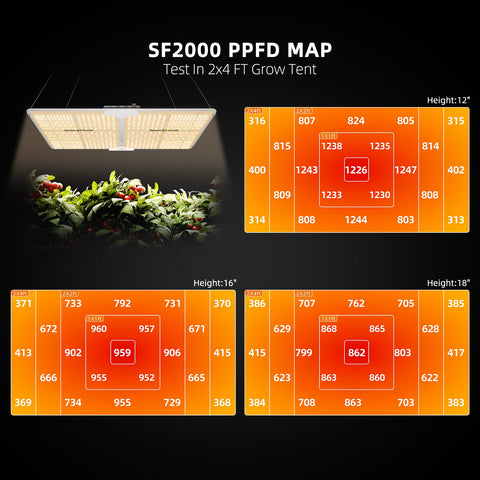 SF2000 LED diodes edge layout, optimized PPFD uniformity for consistent canopy penetration.