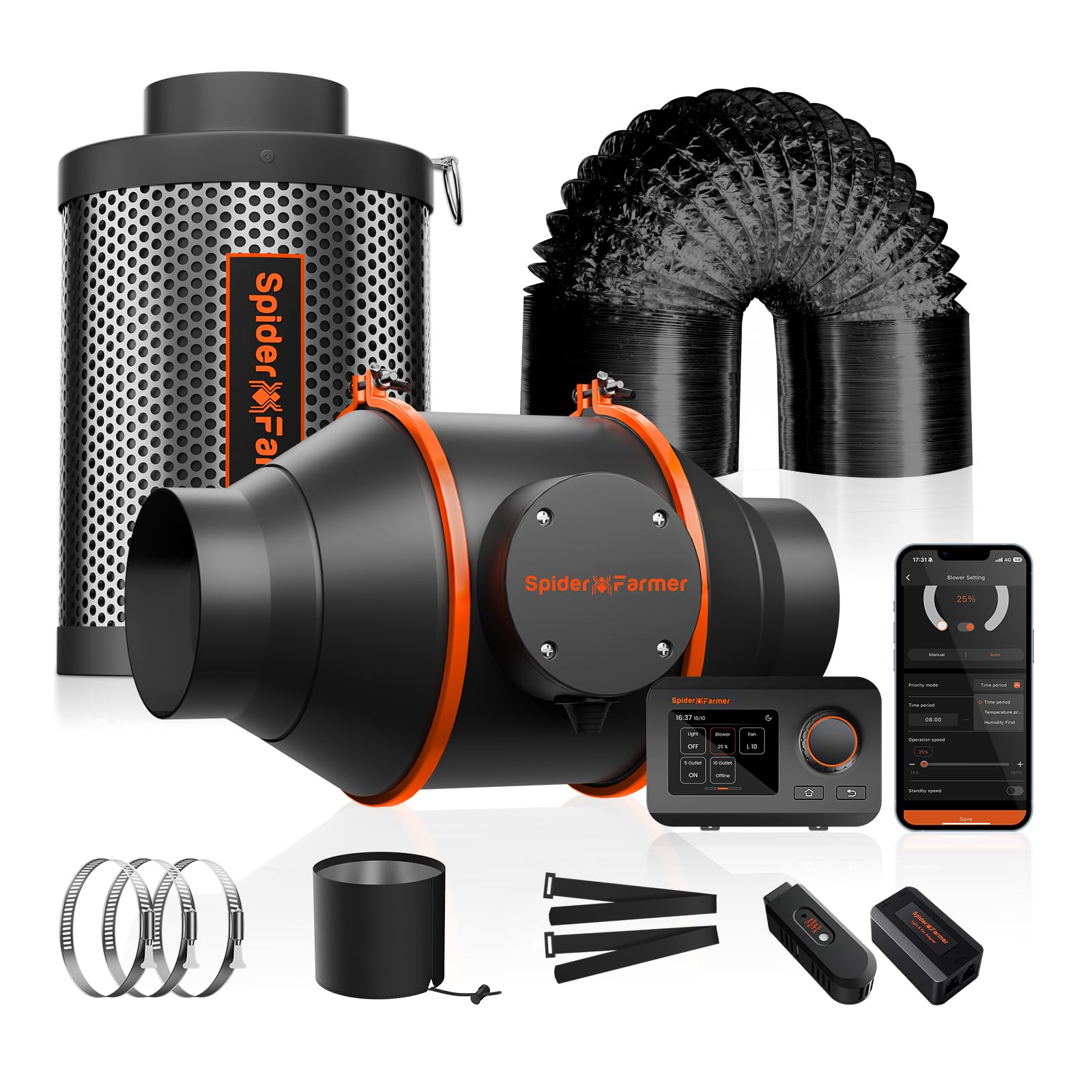 Spider Farmer Smart Air Filtration Kit 4 Inline Duct Fan in use for grow tent airflow