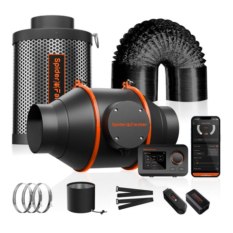 Spider Farmer Smart Air Filtration Kit 4 Inline Duct Fan in use for grow tent airflow