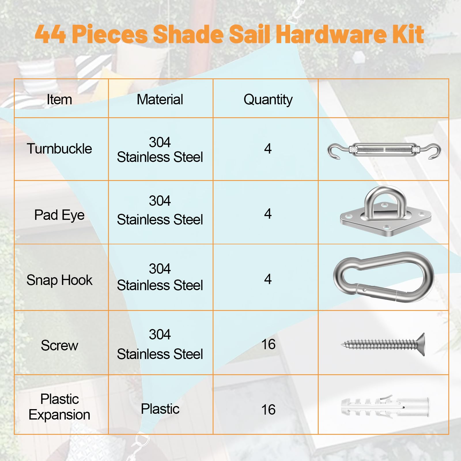 Spiglamm snap hooks attach sail corners for quick setups.