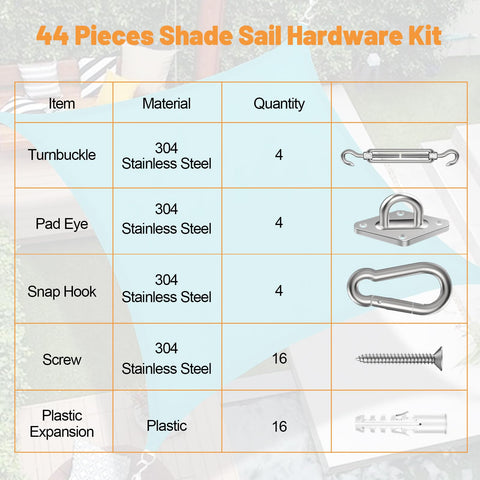 Spiglamm snap hooks attach sail corners for quick setups.