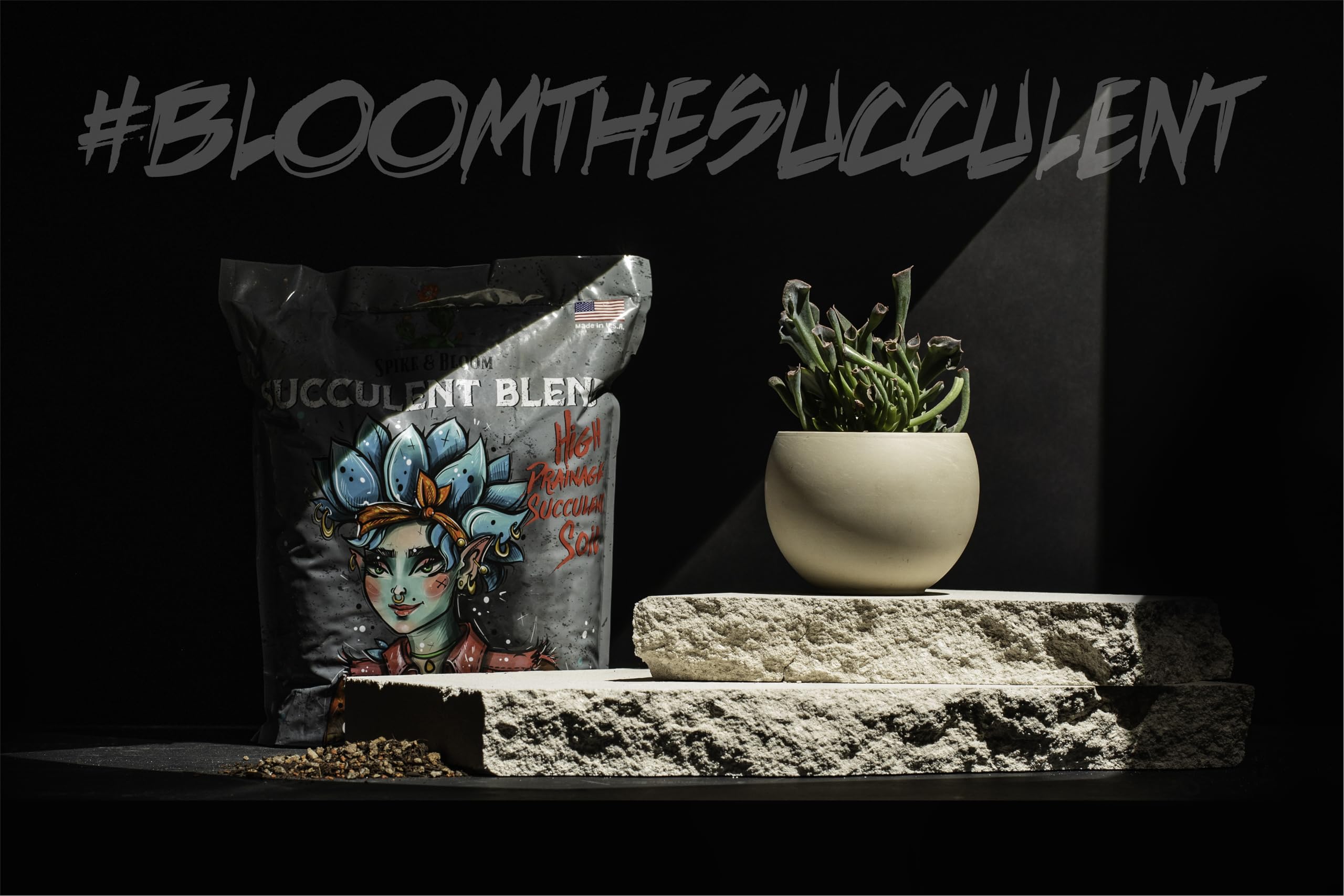 Spike & Bloom coffee compost succulent soil highlights nutrient-rich blend benefiting plant vitality.