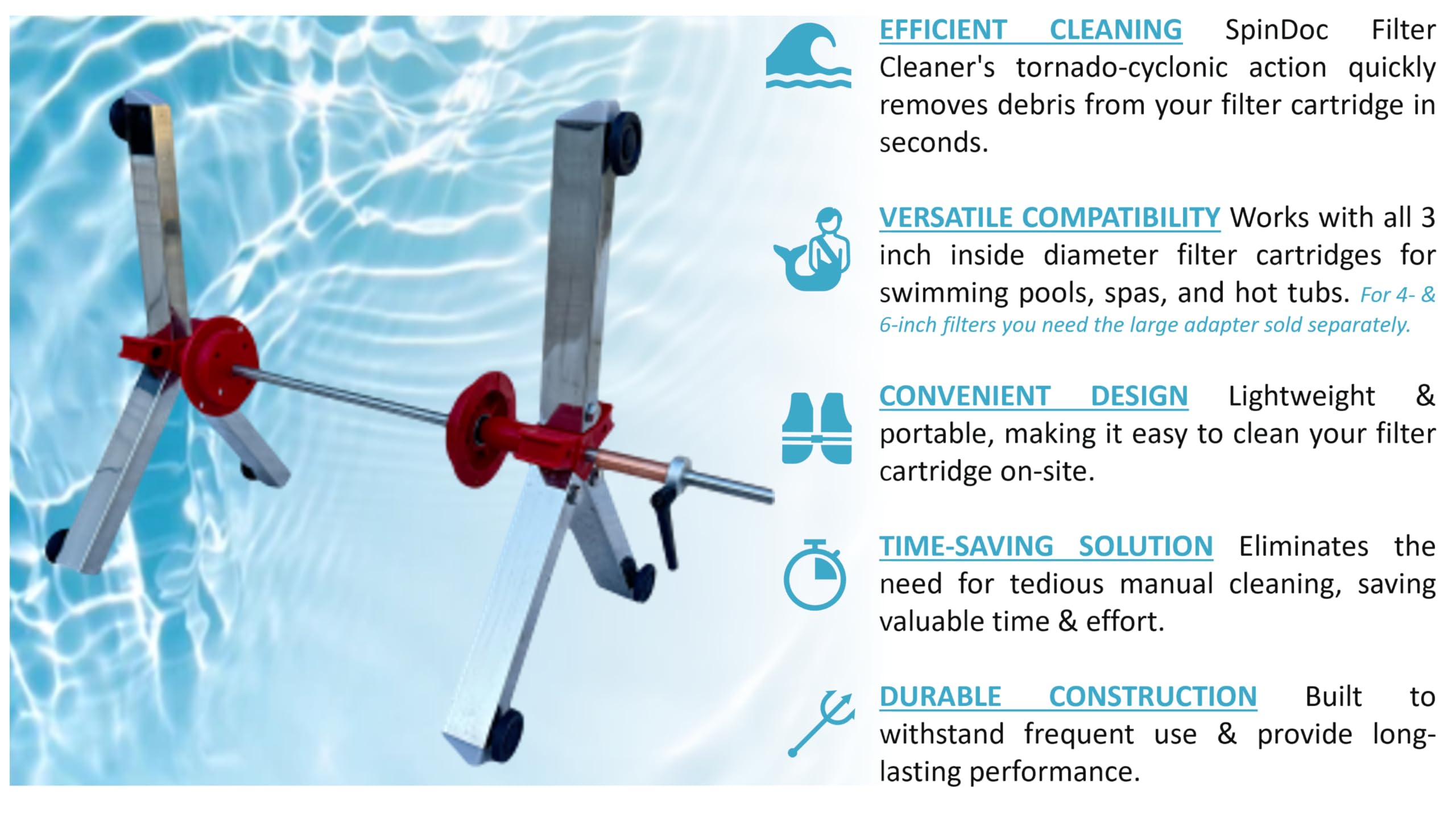 SpinDoc Pro durable construction withstands frequent pool maintenance tasks.