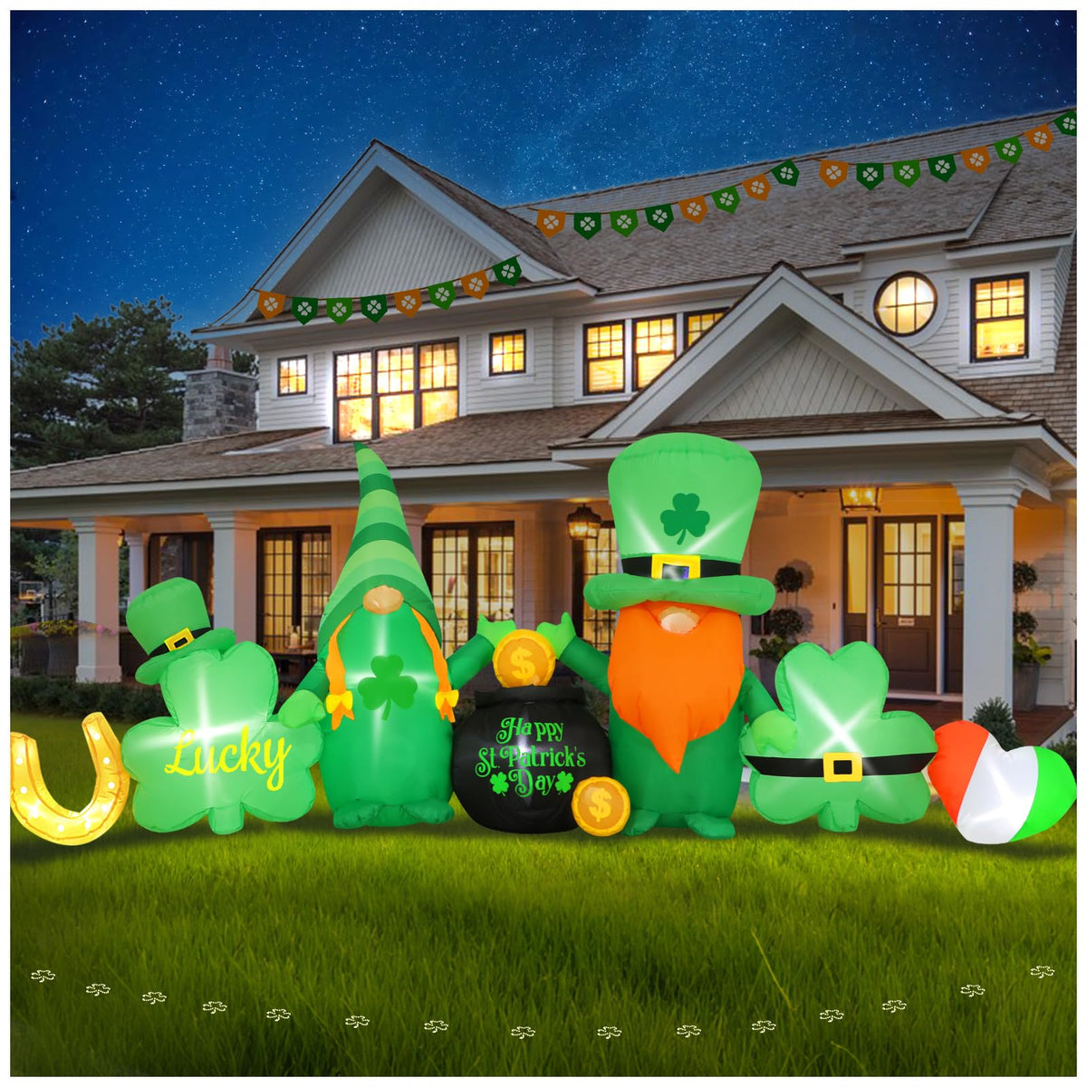 Spinosaurus 8ft St Patrick's Day inflatable towering in the yard with LEDs
