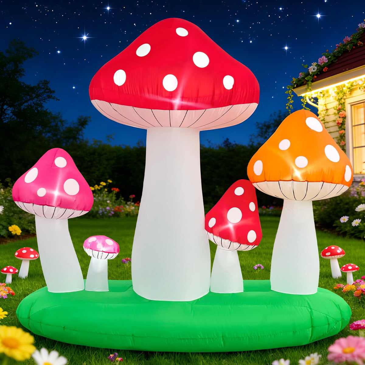 Spinosaurus inflatable mushroom assembly for quick, eye-catching outdoor decoration.