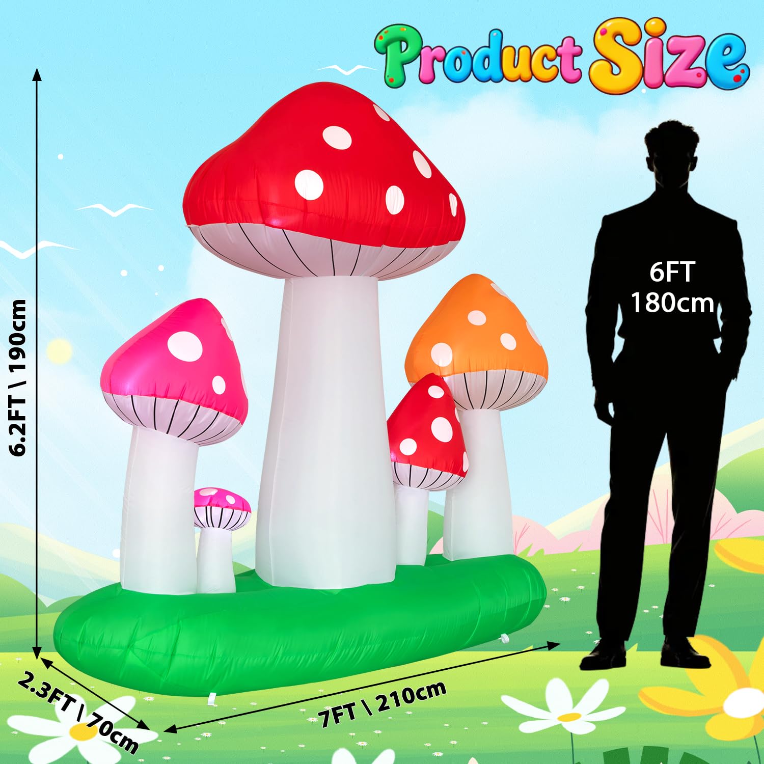 Spinosaurus inflatable mushroom with LED lights for nighttime viewing.