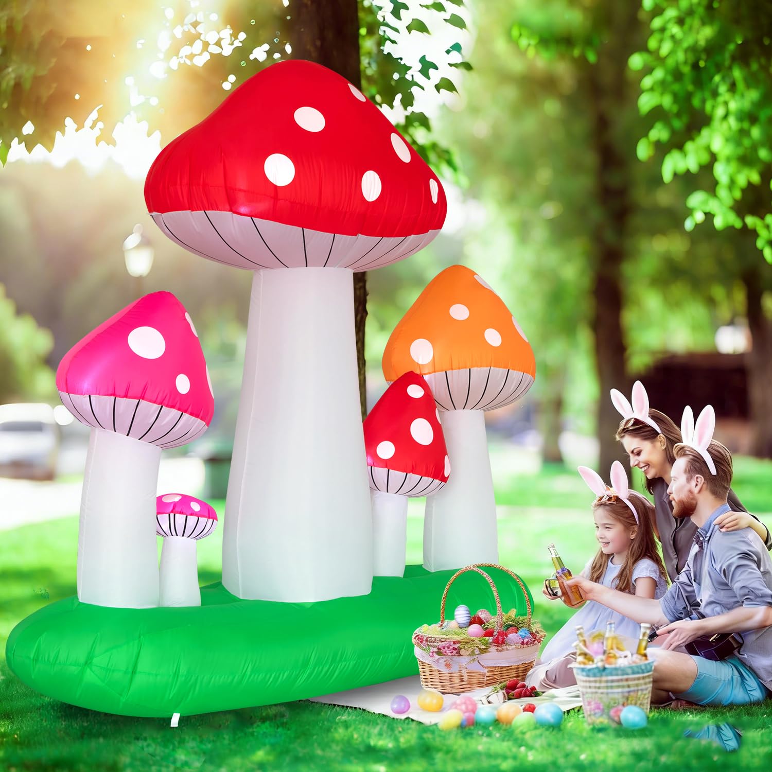 Spinosaurus colorful mushroom cluster creates a fairy-tale yard focal point.