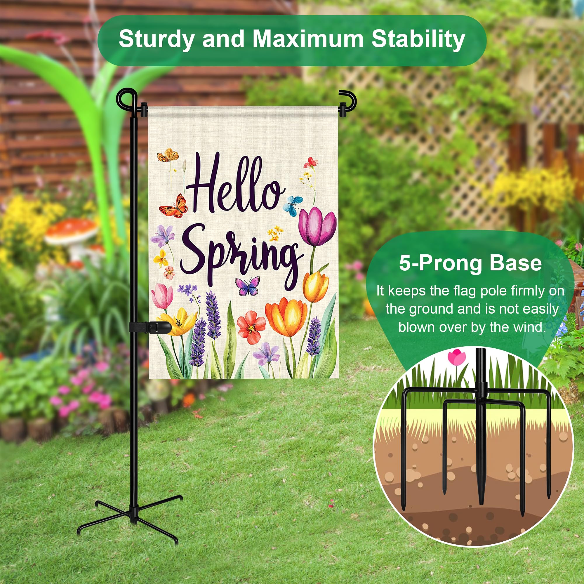 Spirepro flag stand features spring stoppers to prevent flag slippage.