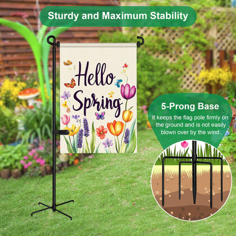 Spirepro flag stand features spring stoppers to prevent flag slippage.