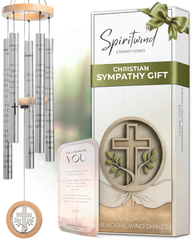Spiritwind Living Hope wind chime with cross and vine motif for peaceful outdoor remembrance.
