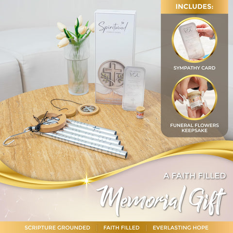Spiritwind wind chime frame showcasing scripture inscriptions to inspire daily reflection.