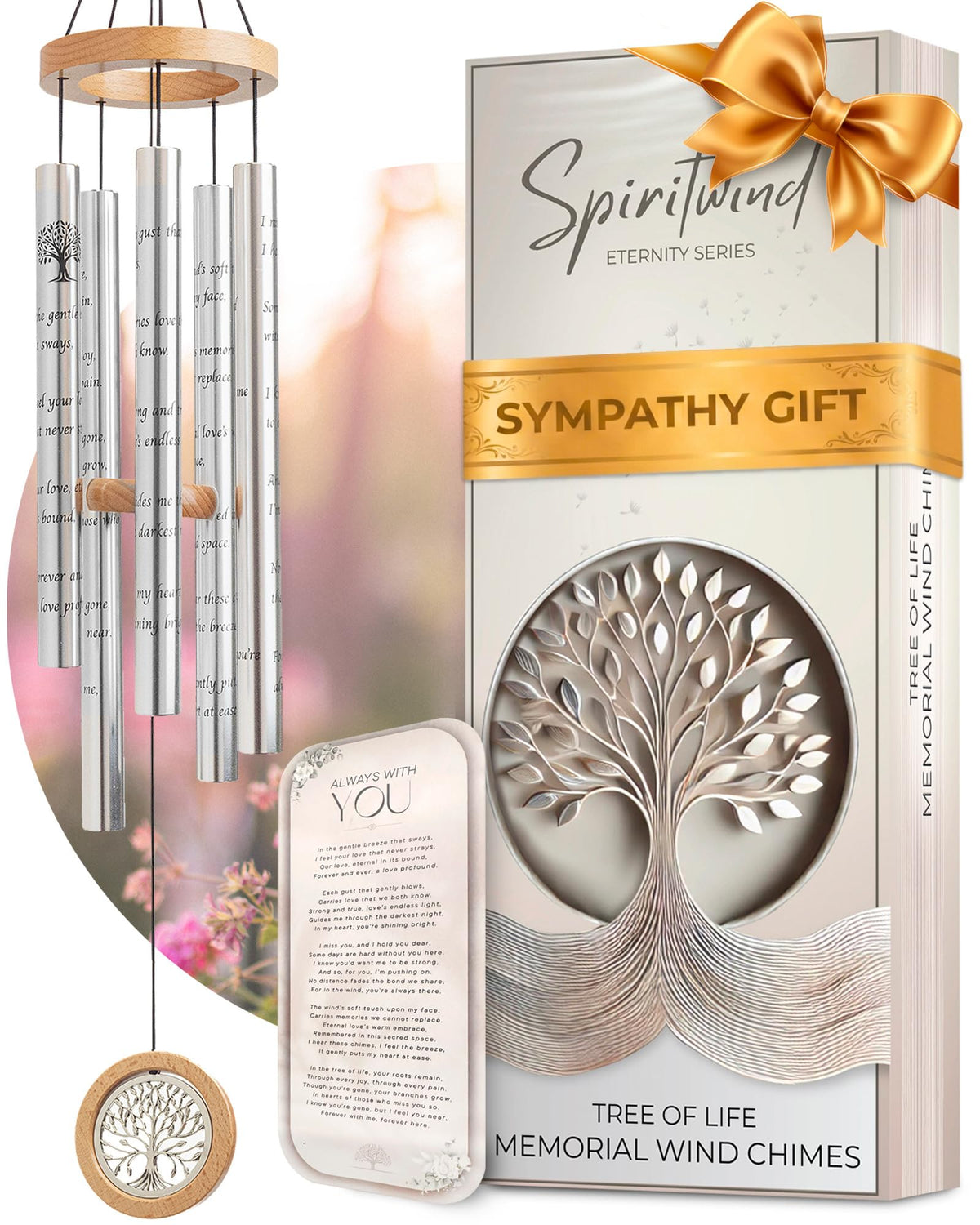 Spiritwind Tree of Life wind chimes in branded packaging, ideal memorial gift presentation.
