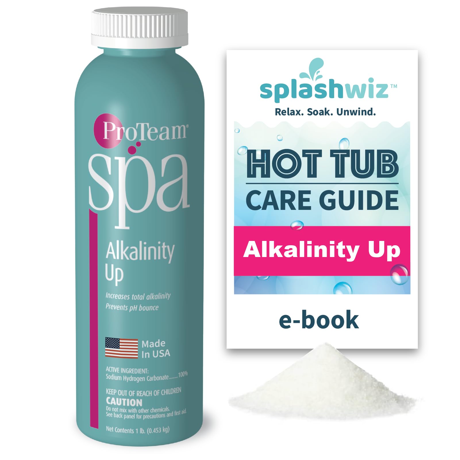 SplashWiz ProTeam Spa Alkalinity Up bottle helps balance spa water for a comfortable soak