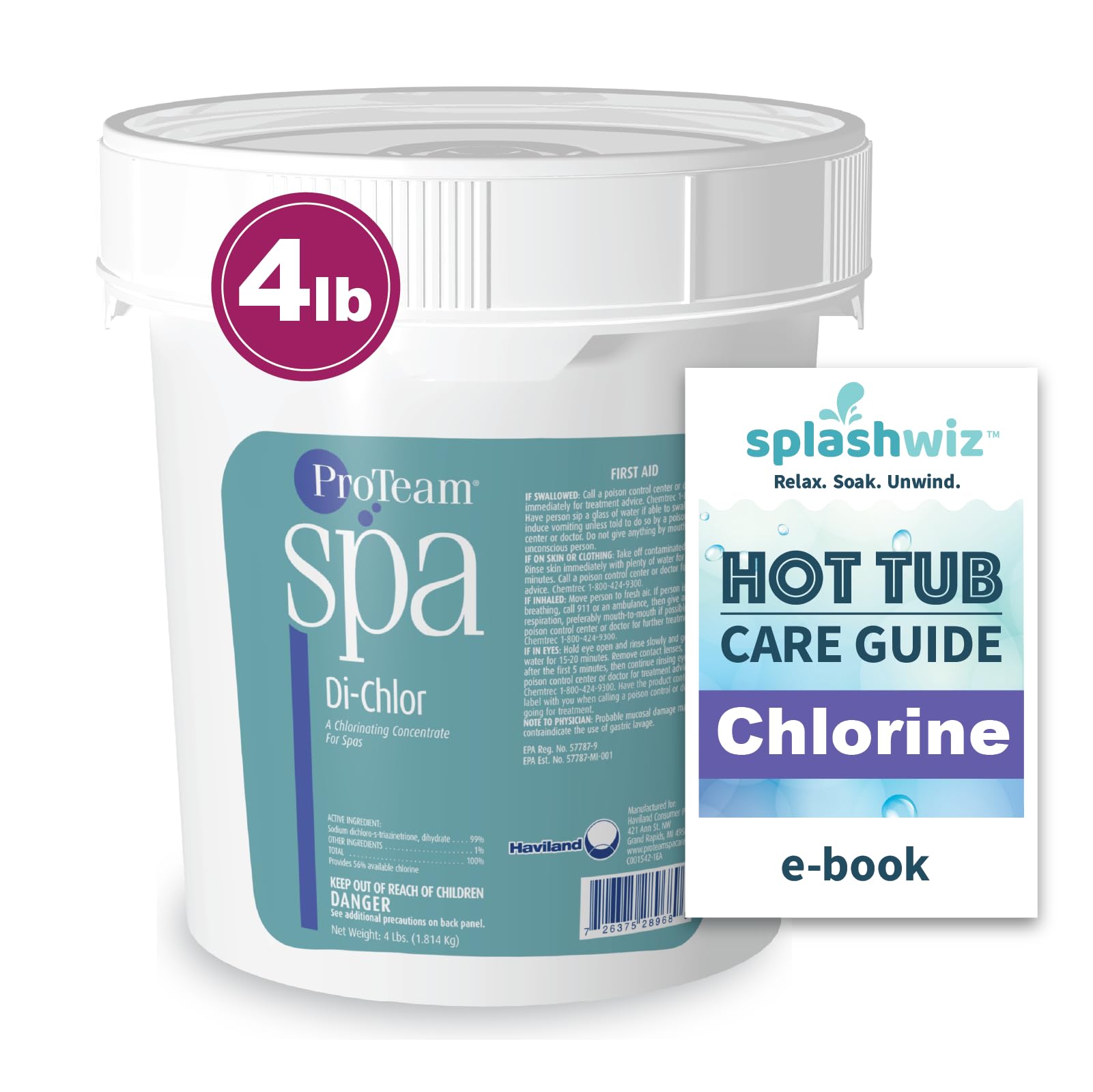 SplashWiz ProTeam Spa Di-Chlor bottle label for easy hot tub sanitization.