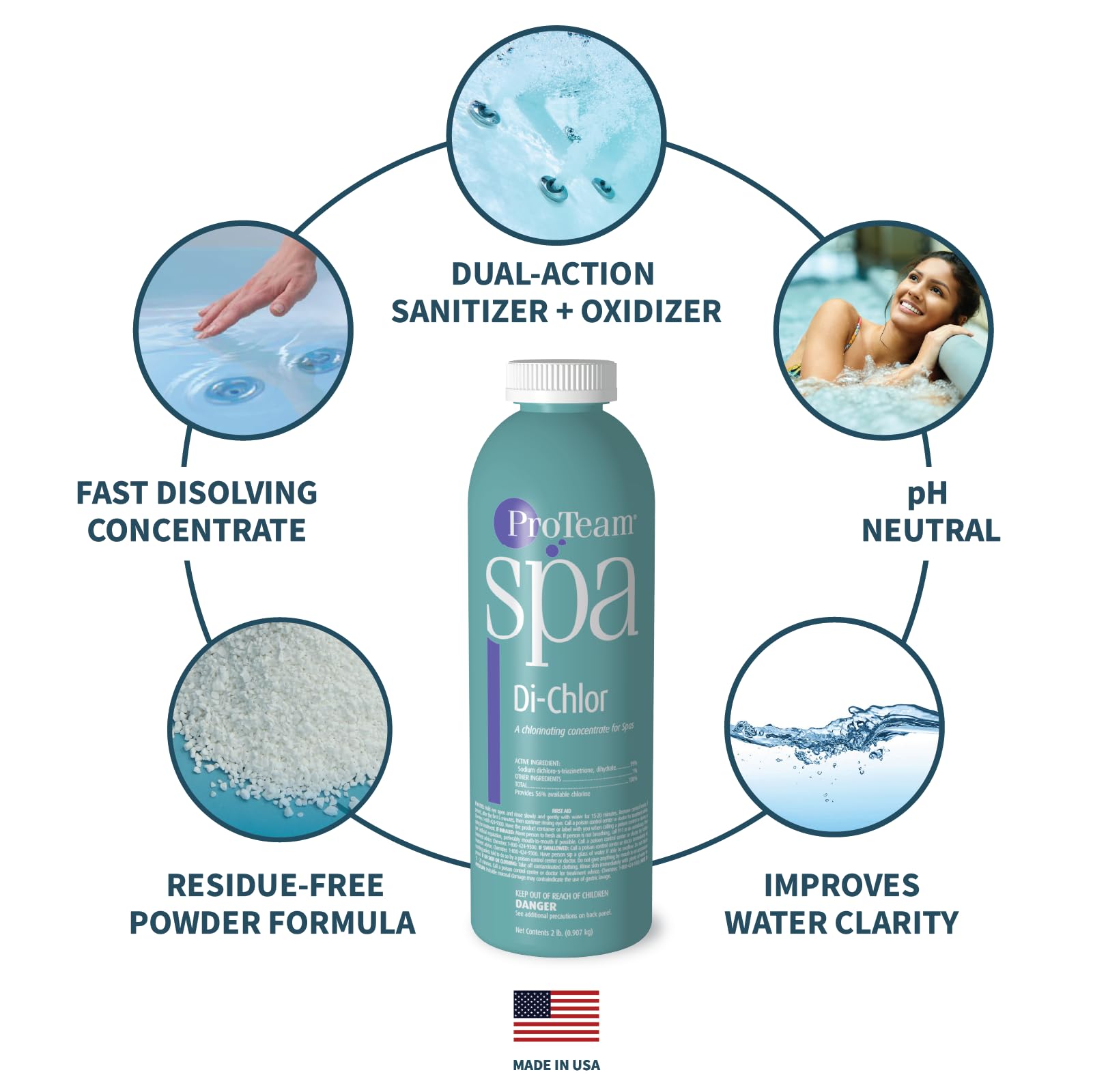 SplashWiz ProTeam Spa Di-Chlor granules dissolving quickly in hot tub water.