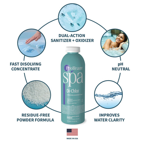 SplashWiz ProTeam Spa Di-Chlor granules dissolving quickly in hot tub water.