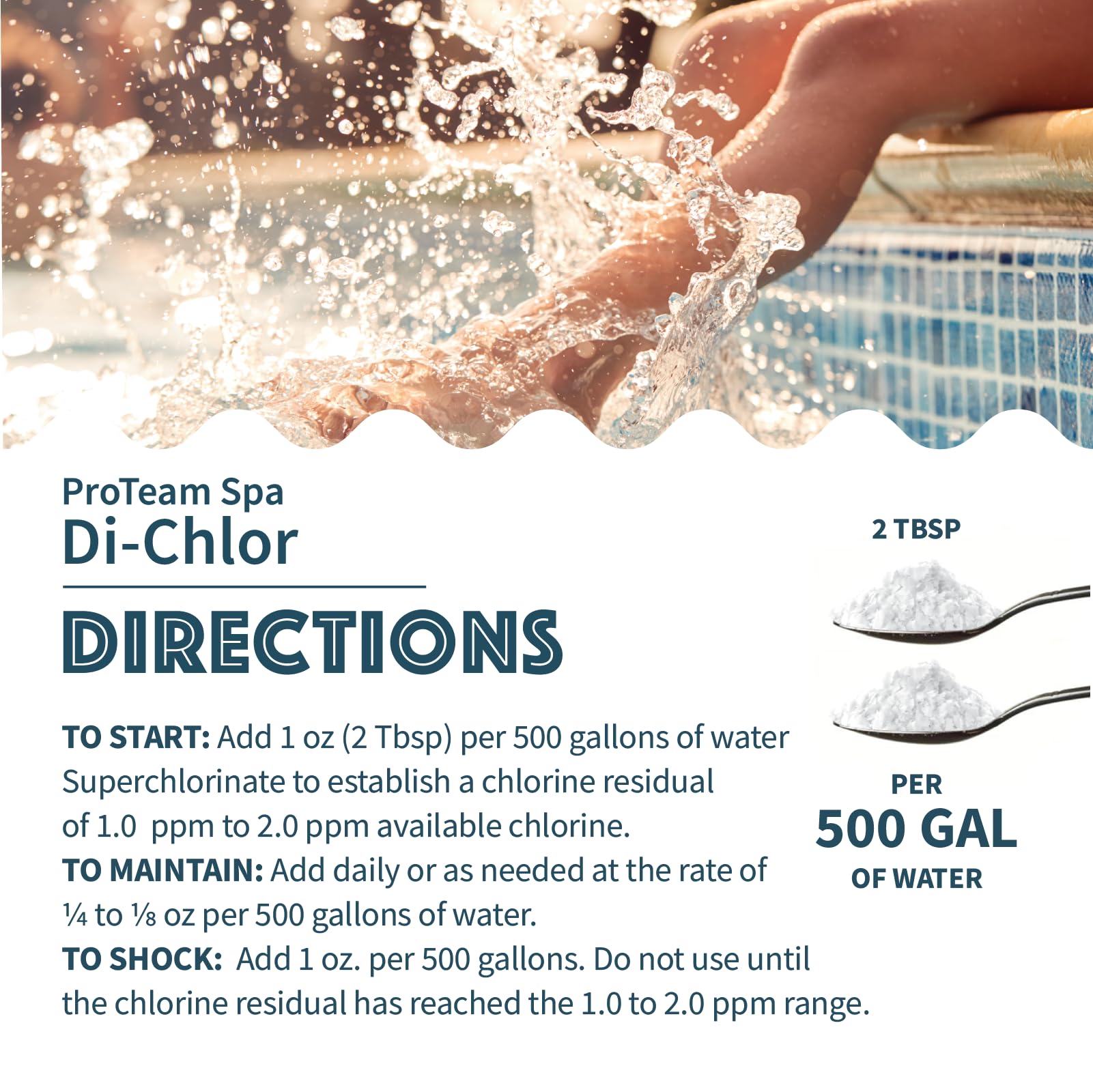 SplashWiz ProTeam Spa Di-Chlor dissolving in water maintains clear spa conditions.
