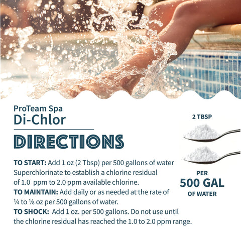 SplashWiz ProTeam Spa Di-Chlor dissolving in water maintains clear spa conditions.