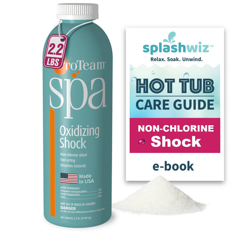 SplashWiz ProTeam Spa Shock bottle closeup, fast-dissolving, chlorine-free formula for clear water.