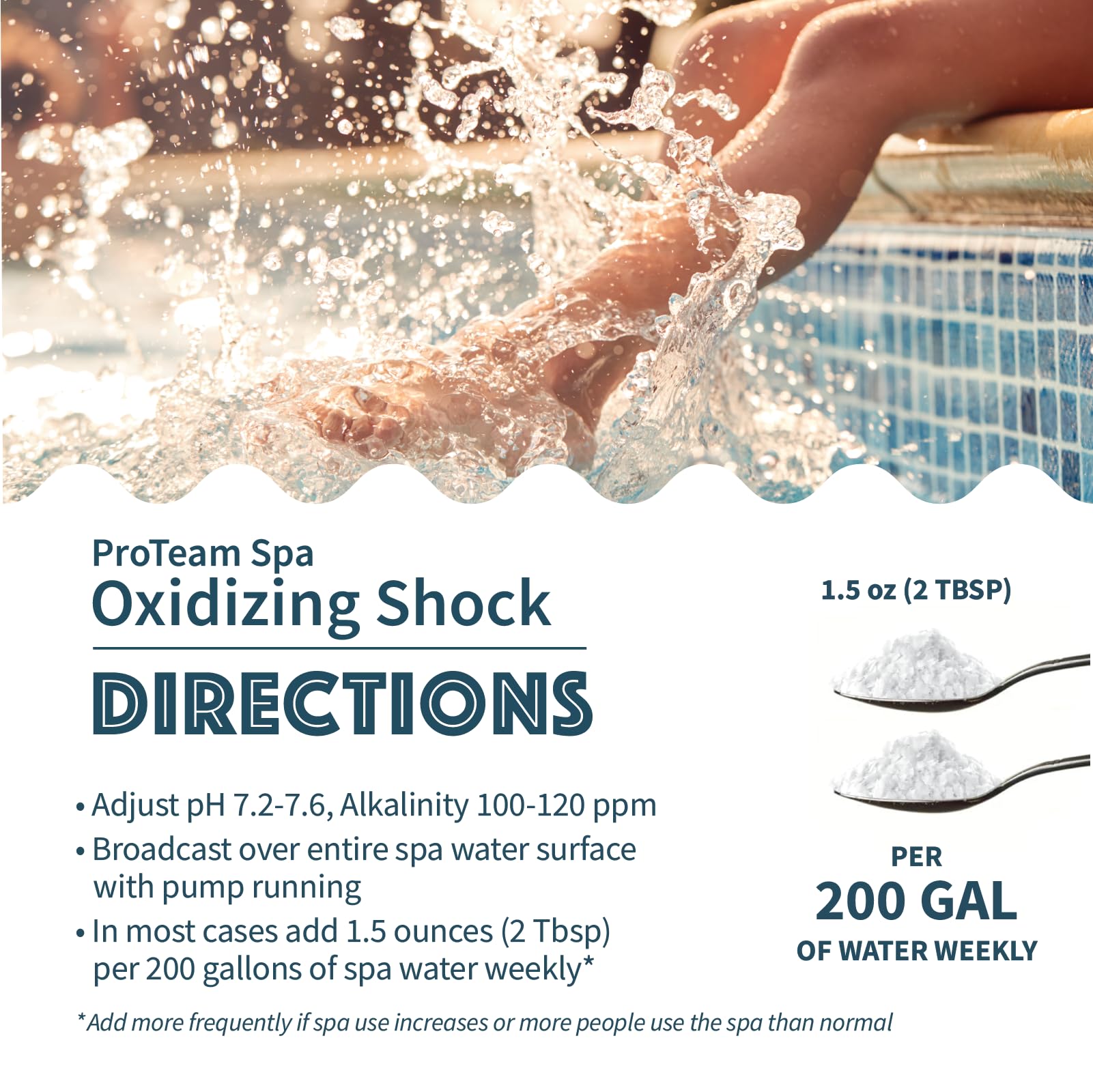 SplashWiz ProTeam Spa Shock compatible across chlorine, bromine, and mineral cartridge systems.