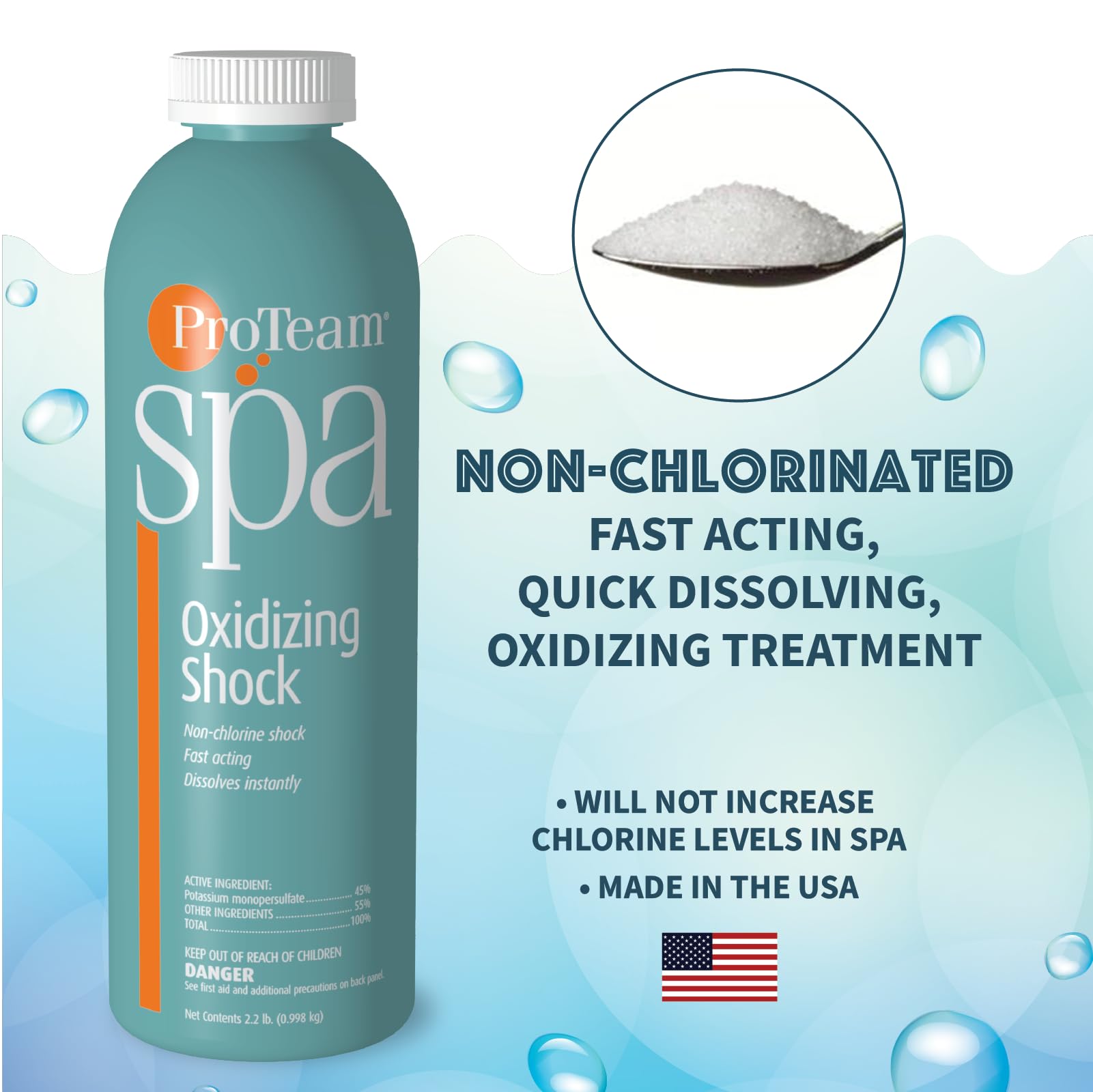 Dissolving action of SplashWiz ProTeam Spa Shock demonstrates quick refresh after heavy spa use.