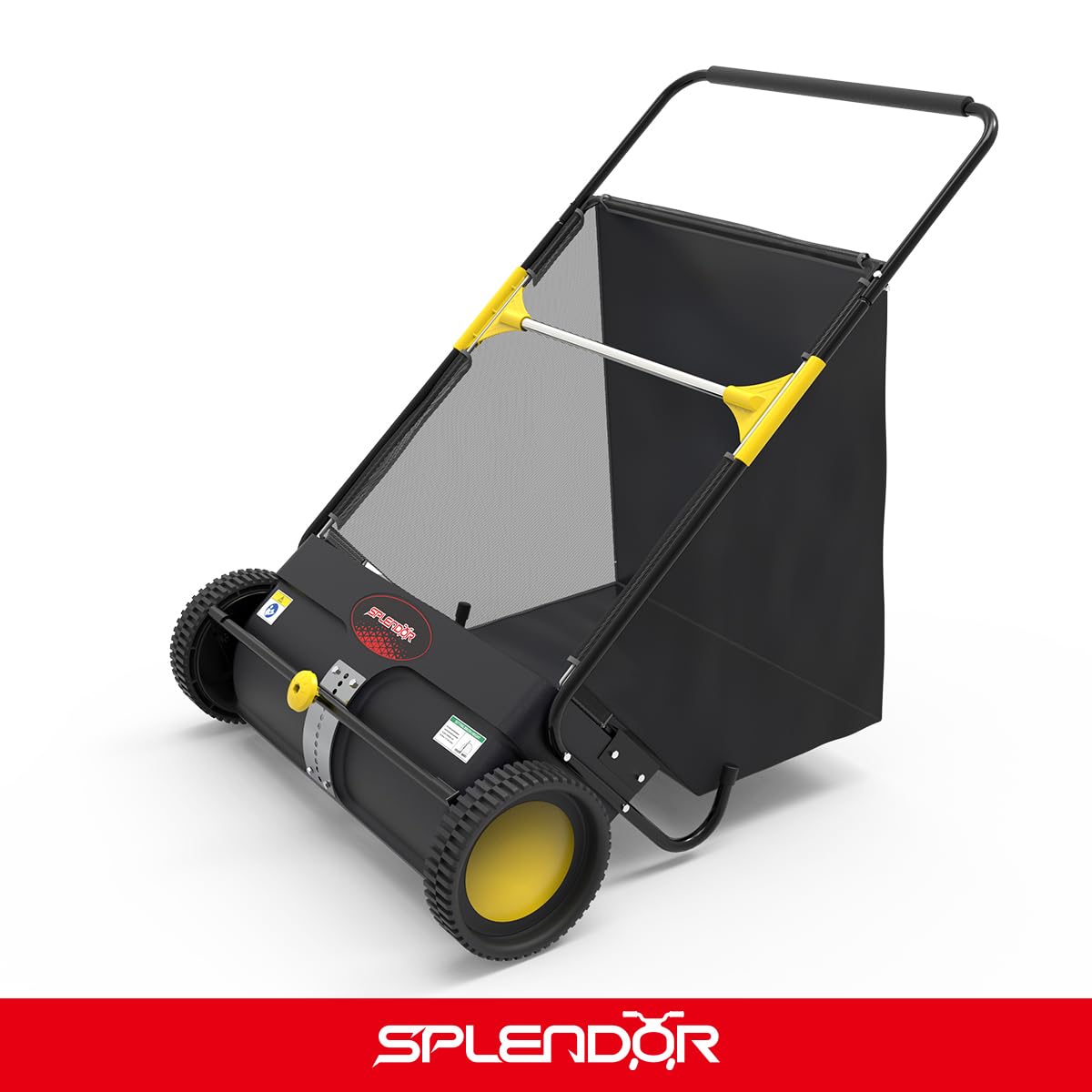 SPLENDOR lawn sweeper on rugged terrain conquers leaves and debris across uneven ground