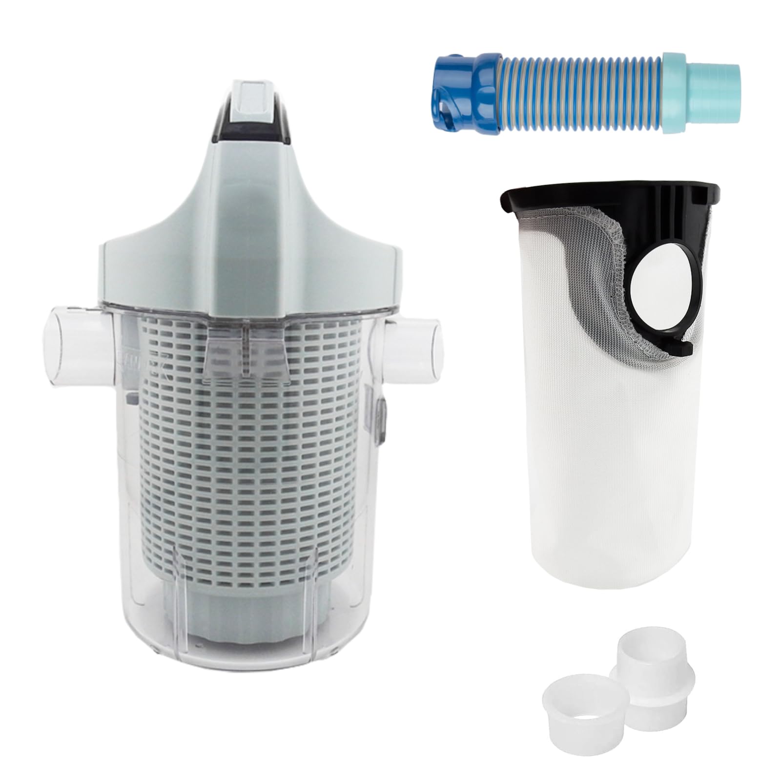 Splinova pool leaf canister with lid-release button for easy debris dumping.