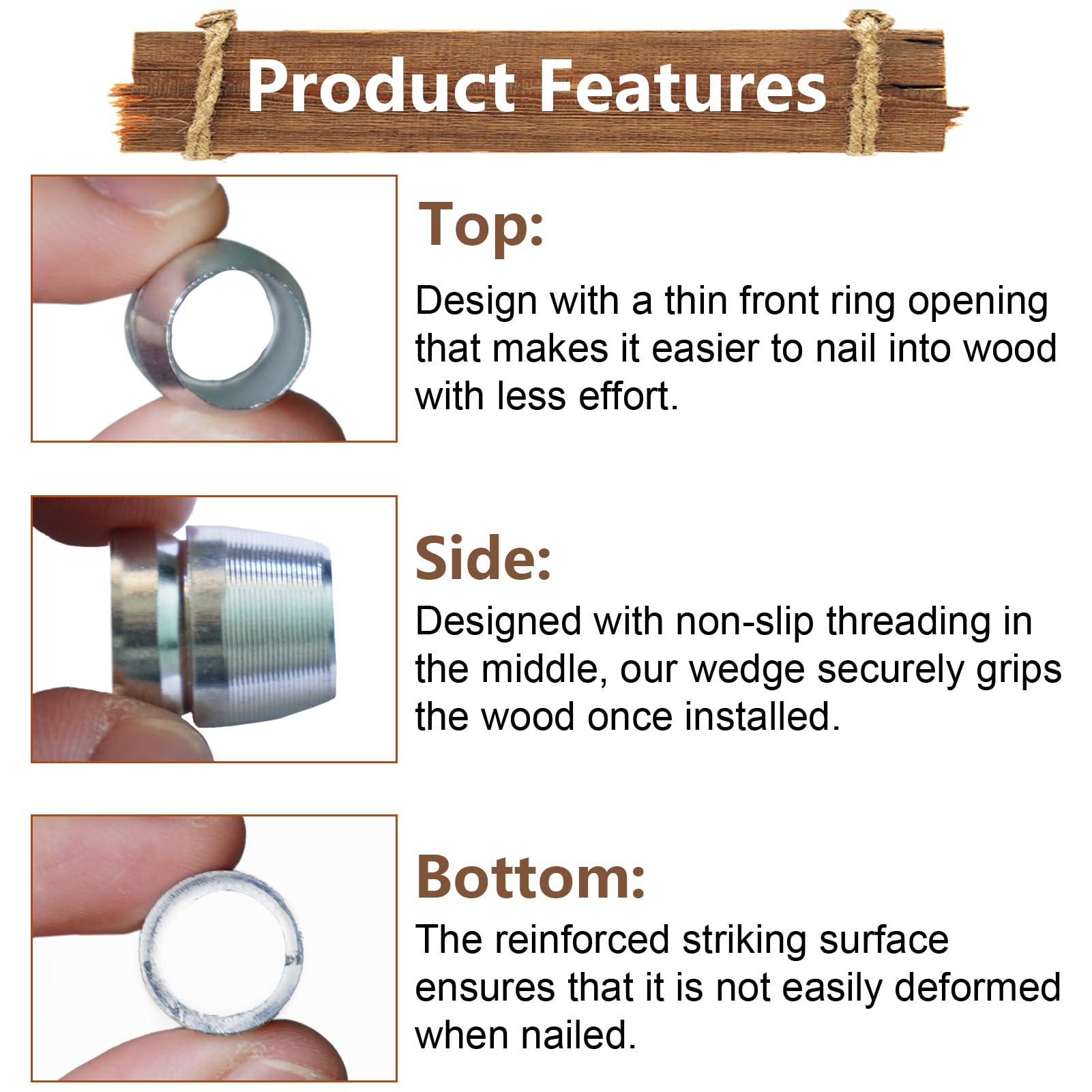 Close-up of SPNKMJUJ round wedge showing tapered design and ring opening feature