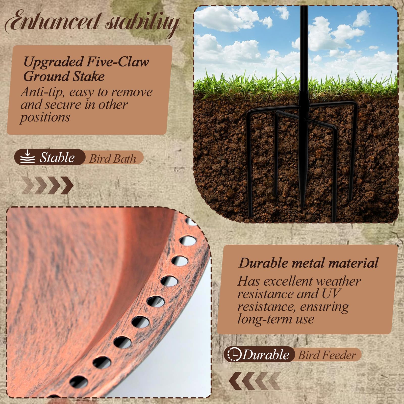 SPOKKI antique bronze metal finish resists weather and maintains patina