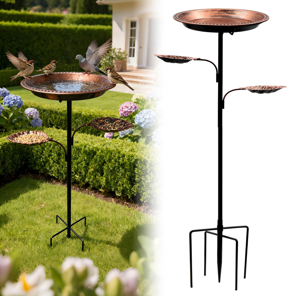 SPOKKI metal bird bath with 12 inch bowl attracts multiple birds to your yard
