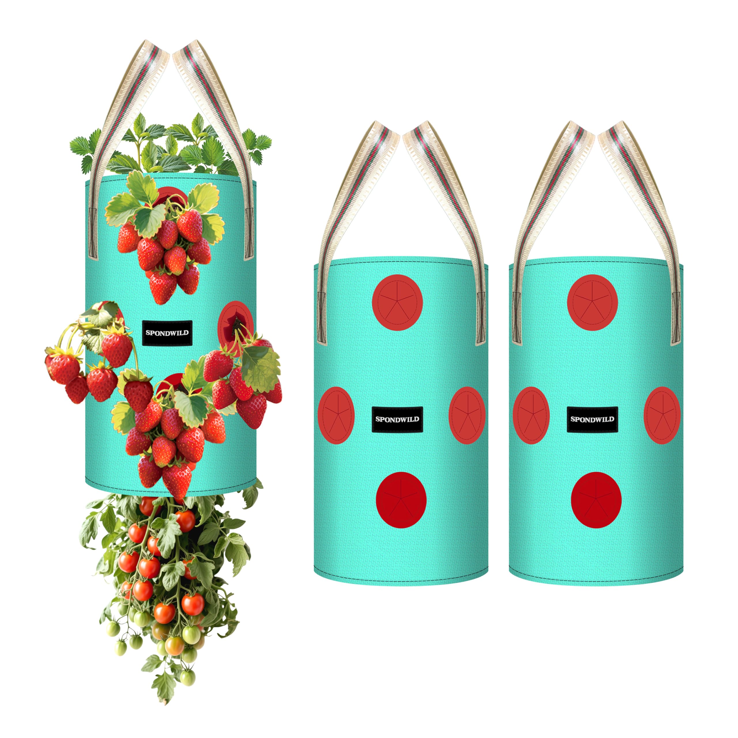 Spondwild 3-pack hanging strawberry planter bags ready for balcony gardening.