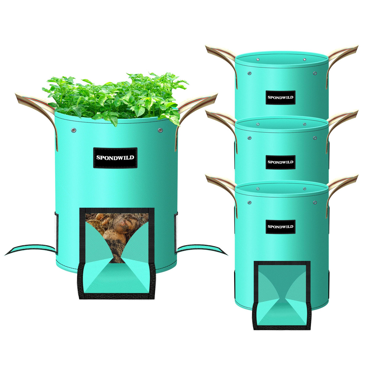Spondwild 4-pack 15-gallon potato grow bags with side mesh windows for airflow and monitoring.