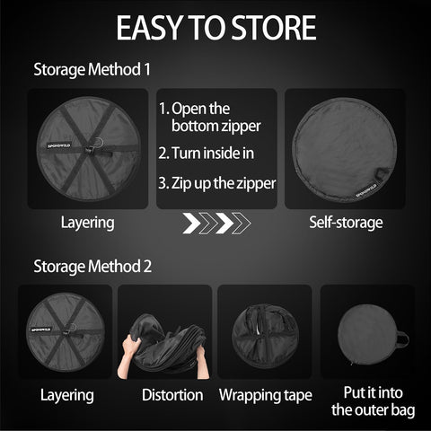 Bottom storage bag folds compactly when idle
