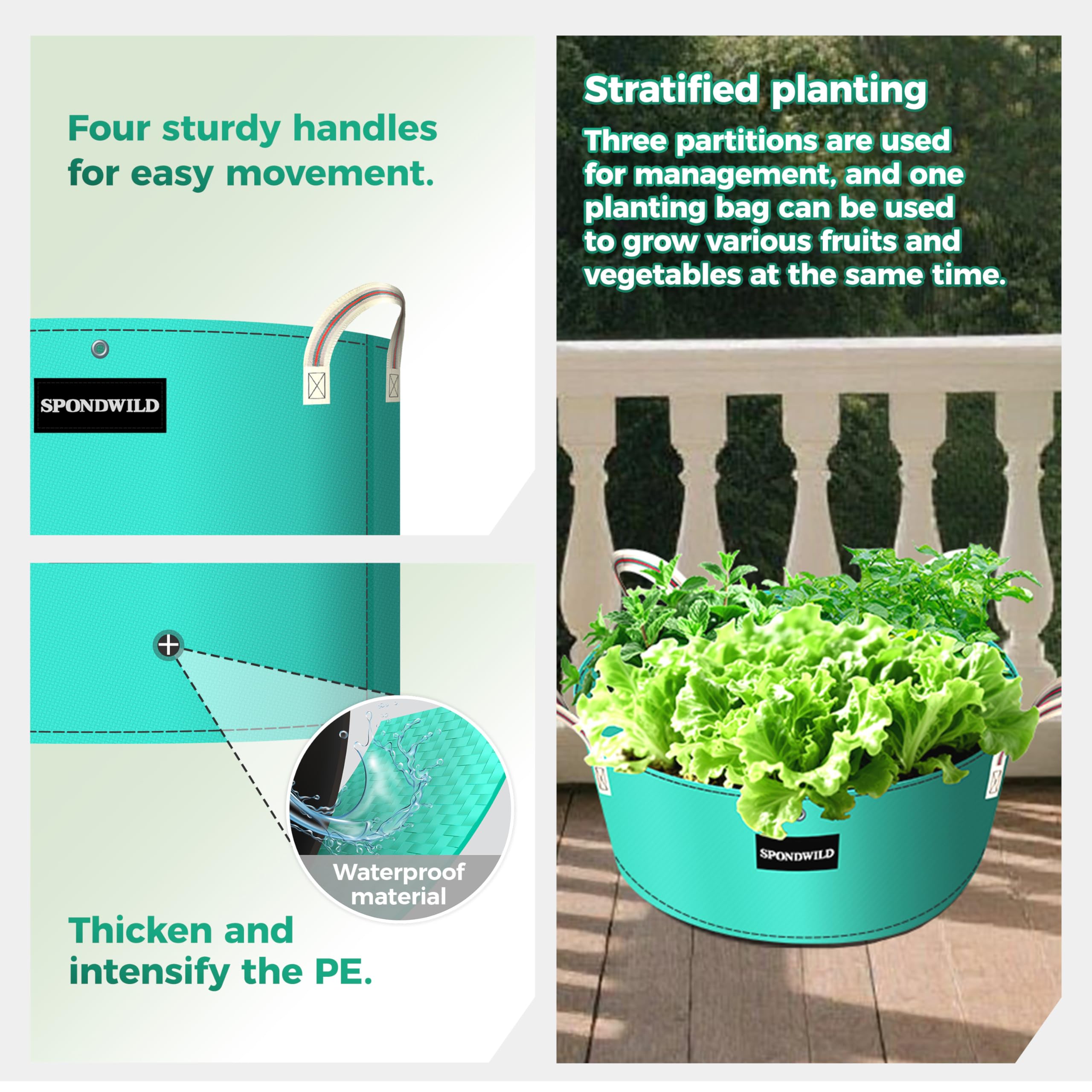 SPONDWILD 3-compartment design in-use among vegetables, herbs, and flowers.