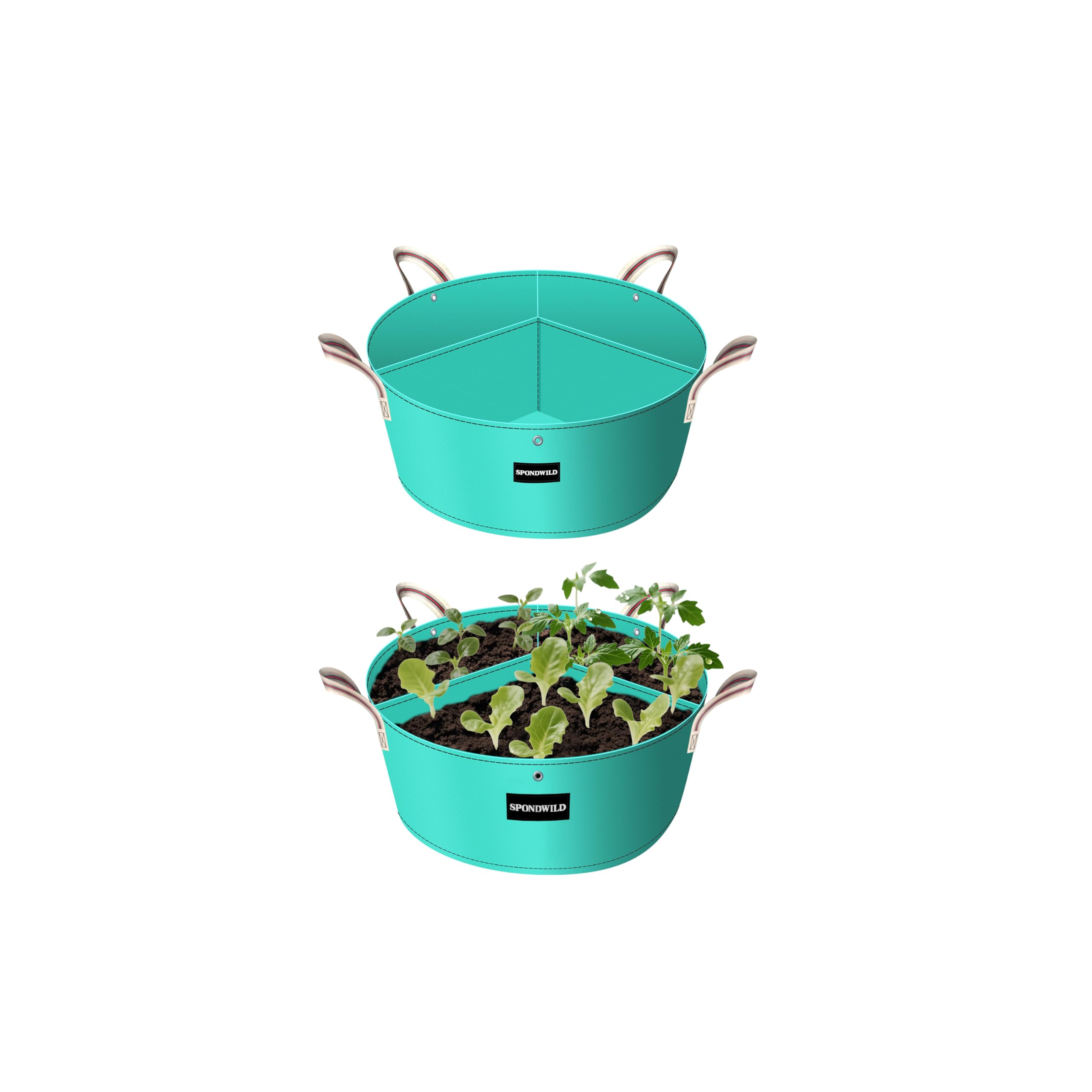 SPONDWILD upgraded 2-pack front view showing three planting zones for diverse crops.
