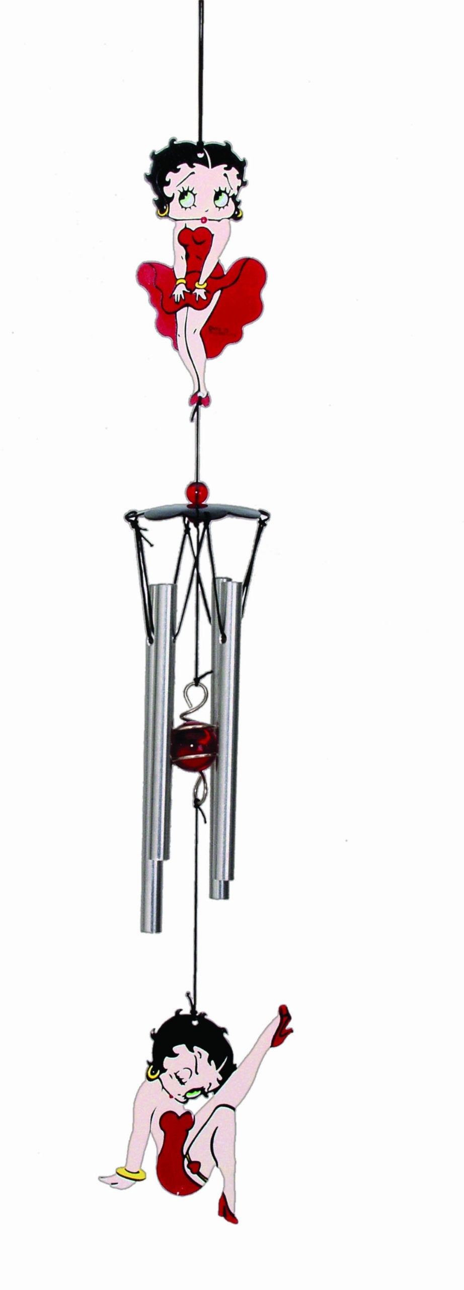 Spoontiques Betty Boop 18-inch wind chime hanging in a sunny outdoor garden