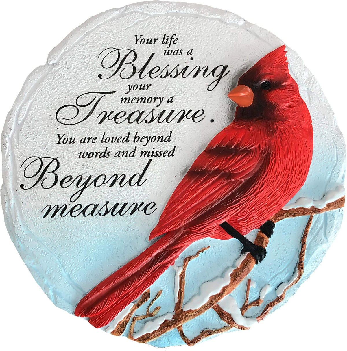 Spoontiques cardinal stepping stone in garden adds a welcoming touch.