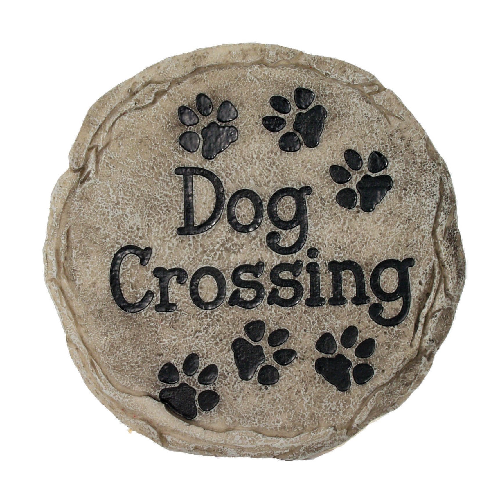 Spoontiques dog crossing stepping stone in a welcoming garden path