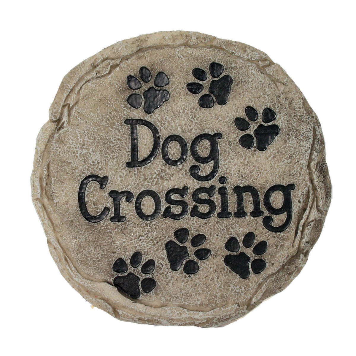 Spoontiques dog crossing stepping stone in a welcoming garden path