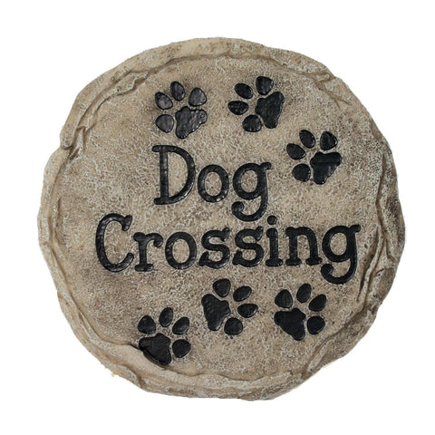 Spoontiques dog crossing stepping stone in a welcoming garden path