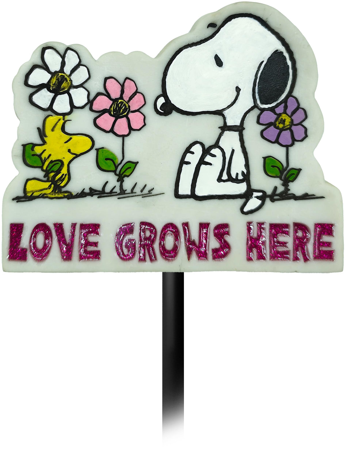 Spoontiques garden stake featuring Peanuts Love Grows Here enhances curb appeal and outdoor welcome