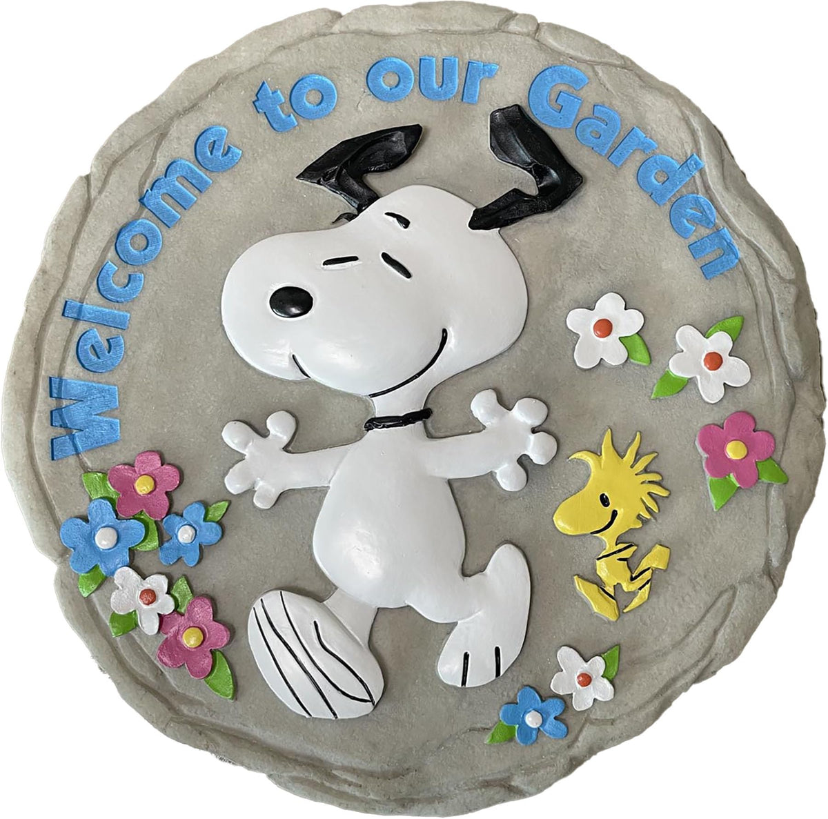 Spoontiques Peanuts Welcome stepping stone graces garden paths with cheerful welcome.