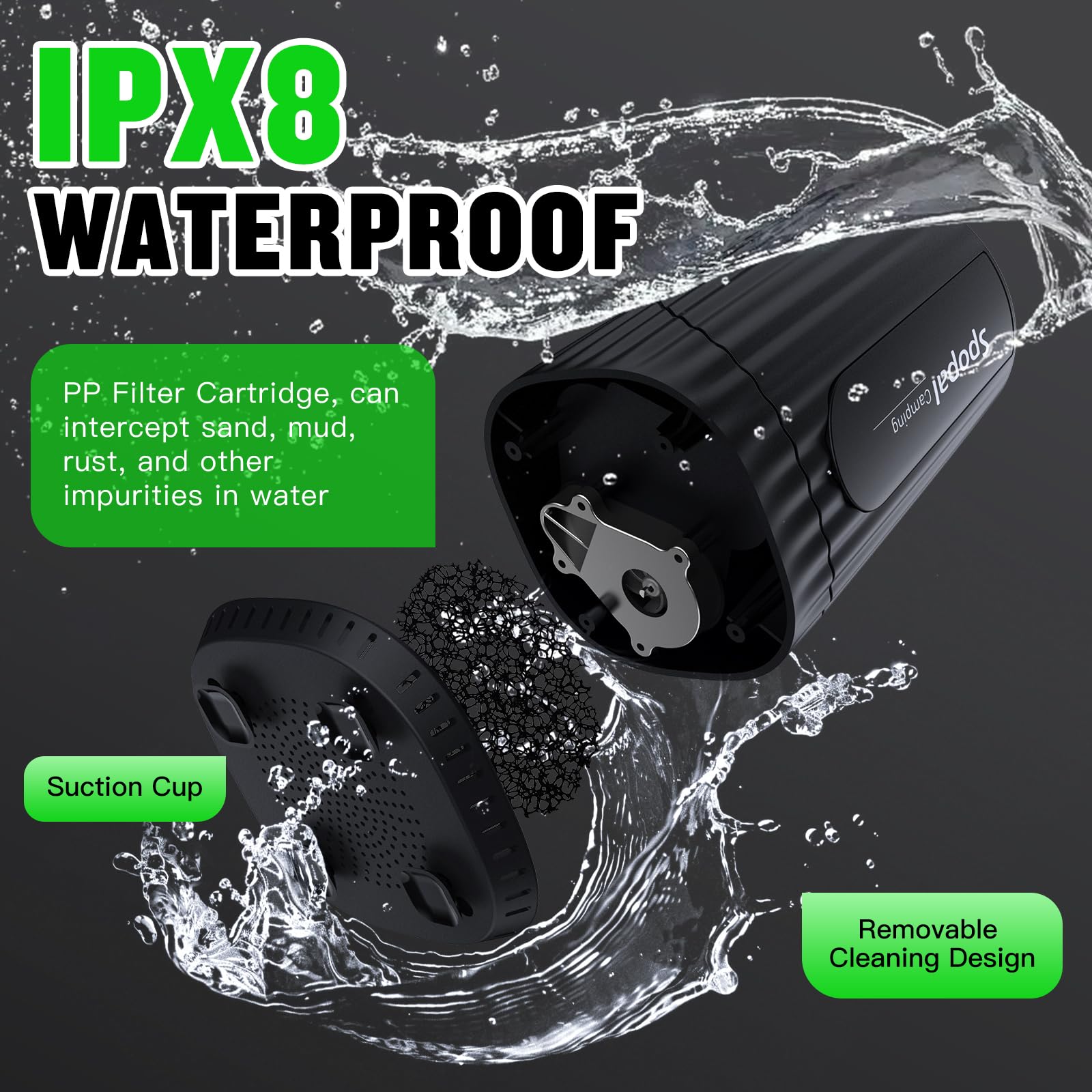 2m anti-kink hose included with the Spopal camping shower