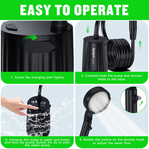 IPX8 waterproof pump design for wet campsite use with Spopal shower