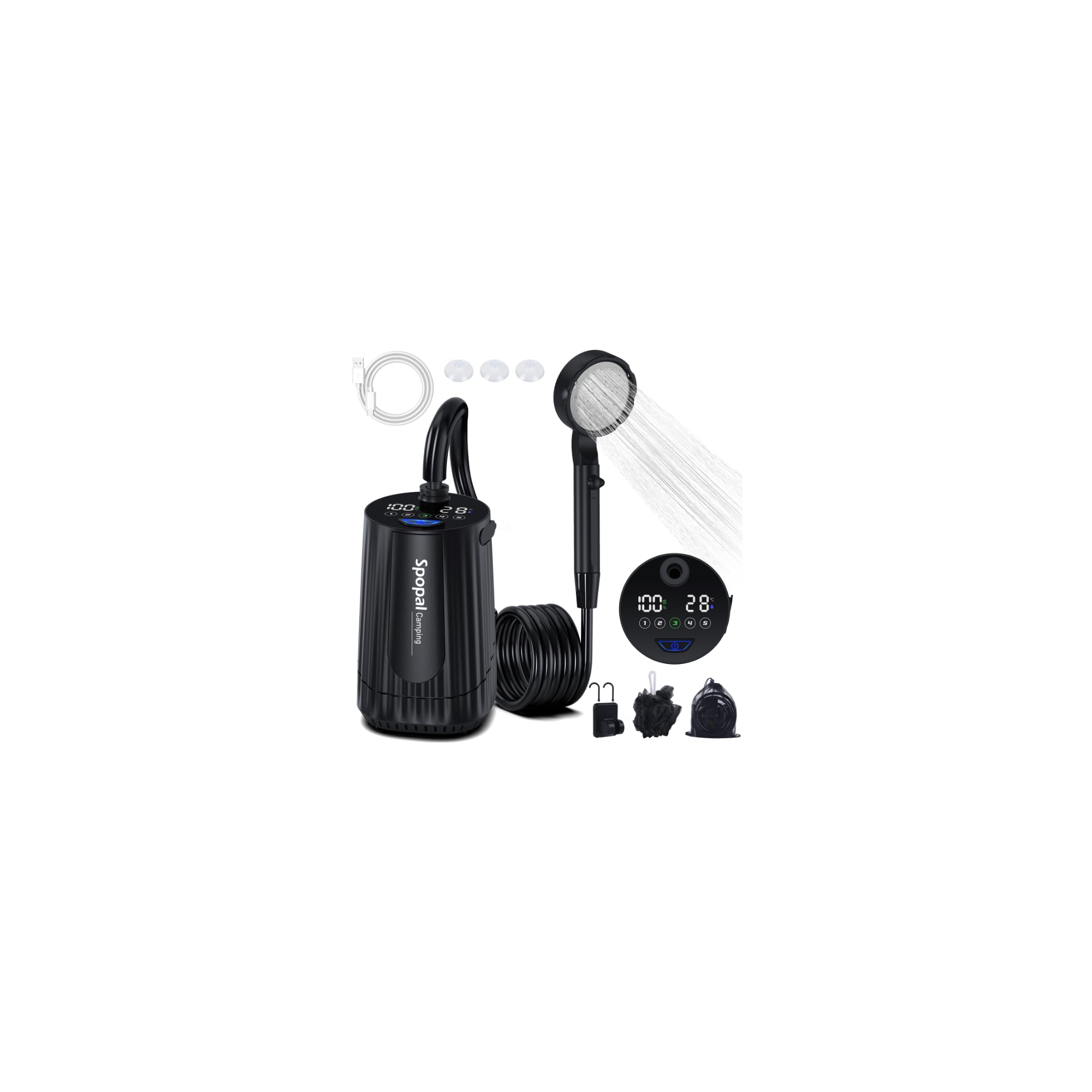 Spopal portable camping shower kit folded in a compact bag for travel
