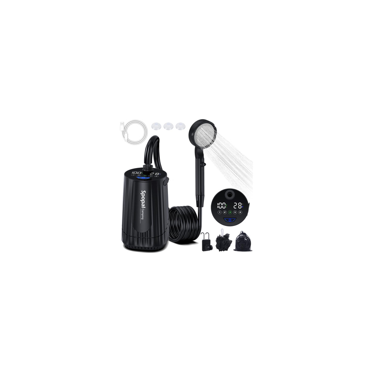 Spopal portable camping shower kit folded in a compact bag for travel