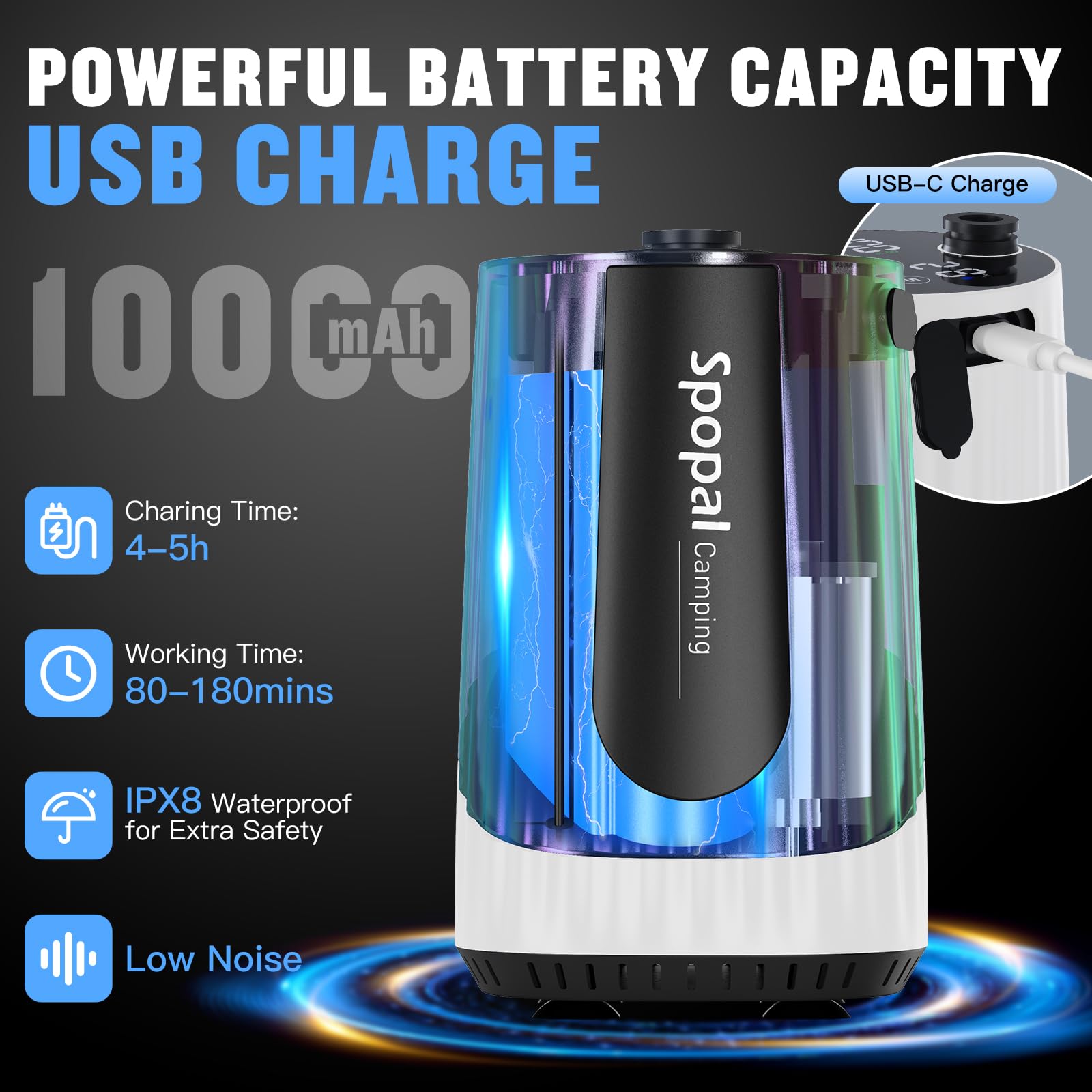 Spopal portable camping shower powered by a 10000mAh battery for extended outdoor use.