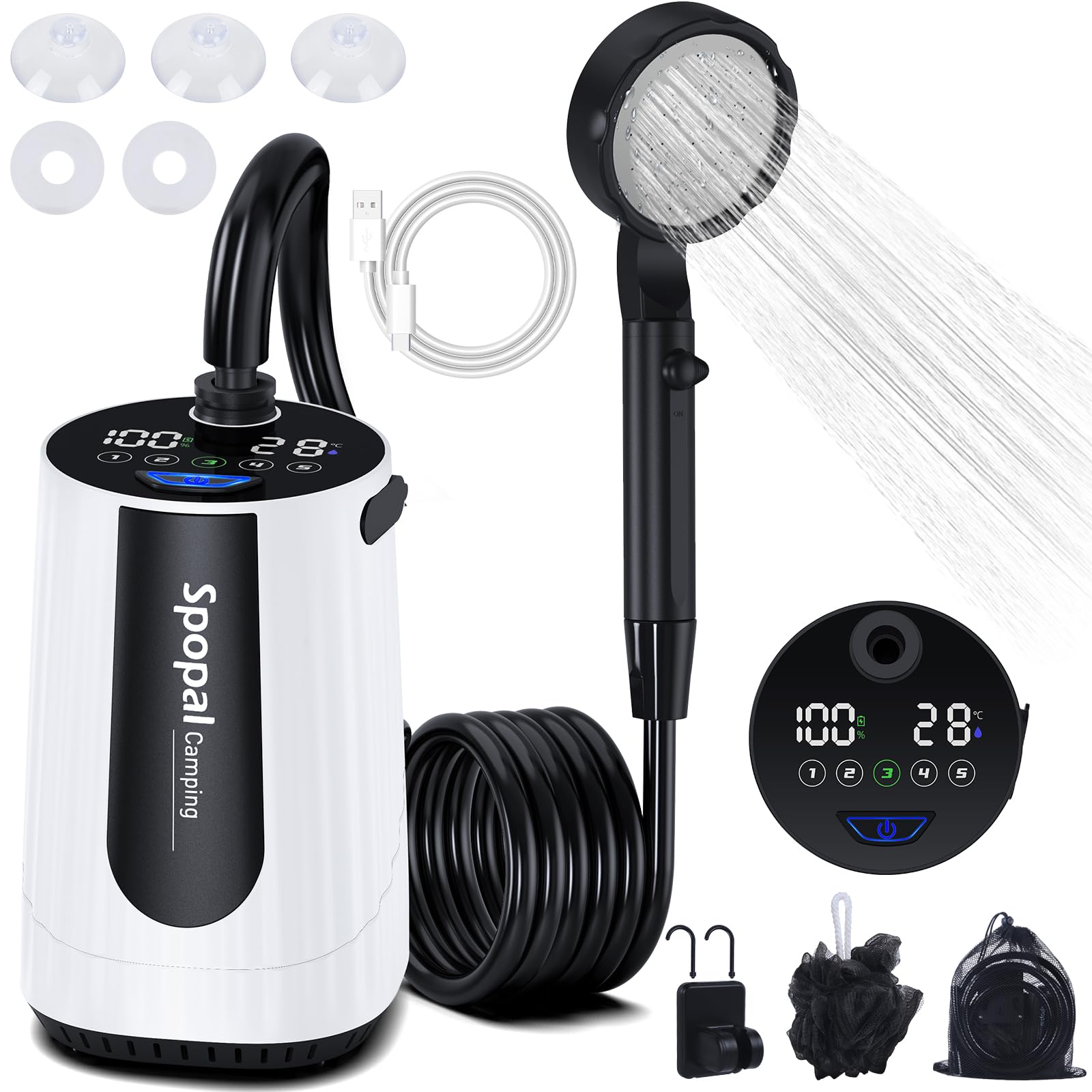 Spopal portable shower with upgraded LED display showing temperature and power readouts.